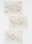 Outline for farm scene print depicting chickens, dog, horses, man tilling soil, children on horse.