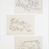 Outline for farm scene print depicting horses, pigs, cows and calves, dogs, sheep, and geese.