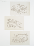 Outline for farm scene print depicting horses, pigs, cows and calves, dogs, sheep, and geese.