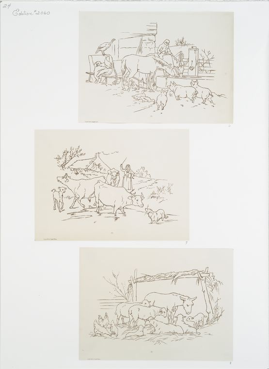 Outline for farm scene print depicting horses, pigs, cows and calves ...