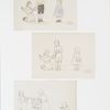 Outlines for prints depicting children playing, cleaning, eating, with dog, dolls, and dishes.