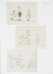 Outlines for prints depicting children playing, cleaning, eating, with dog, dolls, and dishes.