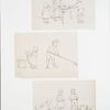 Outlines for prints depicting children cooking, raking leaves, planting tree, with cat.