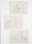 Outlines for prints depicting children cooking, raking leaves, planting tree, with cat.