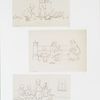 Outlines for prints depicting children feeding chickens, children on staircase, children on bench with books.