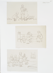 Outlines for prints depicting children feeding chickens, children on staircase, children on bench with books.