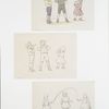 Outlines for prints depicting children playing musical instruments, jumping rope.