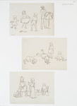 Outlines for prints depicting children dancing, doing somersaults, playing with dolls.