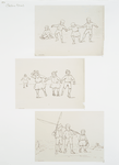Outlines for prints depicting children dancing, roller-skating, and fishing.