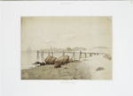 Old Boat Landing [depicting shore with wooden pier and boats in the distance.]