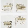 A Christmas morning: cards depicting branches, trees, holly, berries, landscapes, houses, winter, snow, a fence and the sunrise.