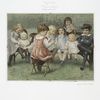 Playing school: a print depicting sitting children, books, chairs, a bench, a doll and a green field