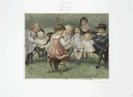Playing school: a print depicting sitting children, books, chairs, a bench, a doll and a green field