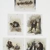 Christmas cards depicting Santa Clause, reindeer drawn sleighs, a train, bears, the man in the moon, toys, a fireplace, a living room, a cowboy riding a horse and shooting a pistol.