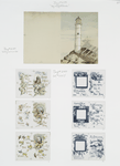 [A print entitled 'my lighthouse' and Christmas and New Year cards depicting vines, flowers, birds perched in windows, bells and a medallion landscape.]