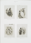 Cards entitled 'Pency's surprise,' 'Christmas song,' 'my Christmas fete' and 'baby's first Christmas,' depicting a vase of flowers, children reading, holding a large scroll and holly, a child in front of a starburst of light, a mother holding her infant by a Christmas tree.