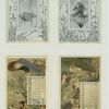 [Trade cards and calendars depicting angels ice skating, a boat, plants, fields and buildings with thatched roofs.]