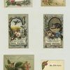 Trade cards and labels depicting flowers, cats and birds.