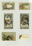 Trade cards and labels depicting flowers, cats and birds.