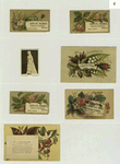 Trade cards depicting flowers, women, books, raspberries and bees.