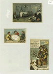 Trade cards depicting Santa Claus, children painting an oversized Easter egg, children sleeping and toys.