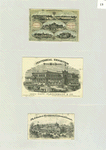 Trade cards depicting the Centennial Exhibition Buildings and grounds; the verso has musical notation for the American centennial hymn, 'Hand in Hand'.