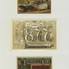 Trade and New Year cards for 1877 depicting children in a dog drawn soapbox car, paints, brushes, and decorative design.