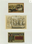 Trade and New Year cards for 1877 depicting children in a dog drawn soapbox car, paints, brushes, and decorative design.