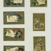 Trade cards and calendars depicting flowers, strawberries, children, cats, dogs and courtship.