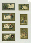 Trade cards and calendars depicting flowers, strawberries, children, cats, dogs and courtship.