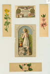 Trade cards from the Centennial Exhibition with botanical illustrations and depictions of a woman standing at a stream with a pitcher, an eagle, a medal and Hecker's flours.