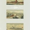 [Trade cards depicting the steamboat Massachusetts making a trip from Boston to Providence, the Providence Line train traveling across a bridge, a steepled building and people gathered by a railroad track.]