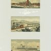 Trade cards depicting the steamboat Massachusetts making a trip from Boston to Providence, the Providence Line train traveling across a bridge, a steepled building and people gathered by a railroad track.