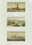 Trade cards depicting the steamboat Massachusetts making a trip from Boston to Providence, the Providence Line train traveling across a bridge, a steepled building and people gathered by a railroad track.