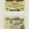 Trade cards depicting clovers, coins, medals, American shields, buildings, fishing, sailboats, guns, a red hand, horse and carriage.