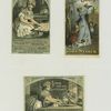 Trade cards depicting women baking, baking powder, corn starch, biscuits being pulled from the oven, a woman carrying steaming food and being followed by a dog and children; versos have recipes.