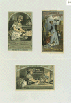 Trade cards depicting women baking, baking powder, corn starch, biscuits being pulled from the oven, a woman carrying steaming food and being followed by a dog and children; versos have recipes.