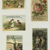 Trade cards depicting a rose with a girl's head, boys riding frogs, Little Red Riding Hood, the wolf, women in a boat and a man shooting another man while attempting to hit a rabbit.