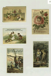 Trade cards depicting a rose with a girl's head, boys riding frogs, Little Red Riding Hood, the wolf, women in a boat and a man shooting another man while attempting to hit a rabbit.