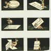 Trade cards depicting a boy or cherub doing various activities with a white sign : hatching from an egg, walking on hands, jumping over a rope, worn as a sandwich board, torn and framing the face, folded and rode as a horse.