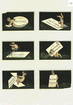 Trade cards depicting a boy or cherub doing various activities with a white sign : hatching from an egg, walking on hands, jumping over a rope, worn as a sandwich board, torn and framing the face, folded and rode as a horse.