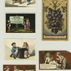 Trade cards and calendars depicting children, oversized hats, grapes, courtship, books, signs and glasses.