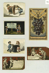Trade cards and calendars depicting children, oversized hats, grapes, courtship, books, signs and glasses.