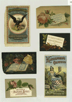 Trade cards depicting flowers, autumn foliage, acorns, books, an eagle, corn, a woman clothed in a patriotic dress and hat, boxes of corn starch and silver gloss starch.