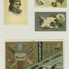 Trading cards depicting flowers, a portrait of a child, decorated boxes, hawk, duck, and steel pen nibs.
