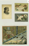 Trading cards depicting flowers, a portrait of a child, decorated boxes, hawk, duck, and steel pen nibs.