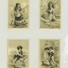 Trade cards depicting children : feeding chickens, at the beach with a shovel and bucket, playing with a toy sailboat, and receiving a piggyback ride.
