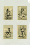 Trade cards depicting children : feeding chickens, at the beach with a shovel and bucket, playing with a toy sailboat, and receiving a piggyback ride.