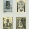 Trade cards depicting a moonlit house in the snow, a mountainous terrain, cranes, cabinet, curtains, screen, rug and vase.