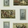 Trade cards depicting sailboats, a road, an angel riding a swan drawn boat made of soap, a woman washing clothes and bathing a dog.